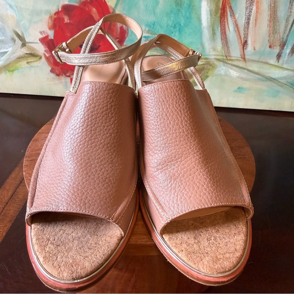 Clarks Ellis Ada Leather Sandals Ankle Strap Chunky Heel Nude Beige Women's 10